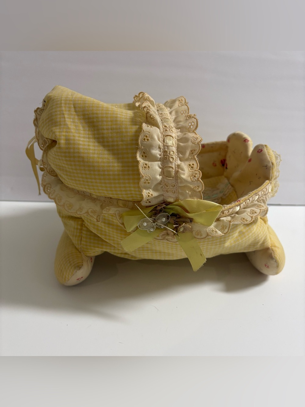Vintage Handmade Baby Doll Bed Bassinet & Doll Cuddle Plush Yellow Lace Gingham - Picture 4 of 13